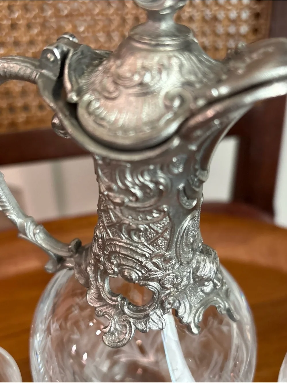 Vintage Peltro Claret Crystal Jug? W/ Pewter. 95% 3 Small Glasses—Italy— barware